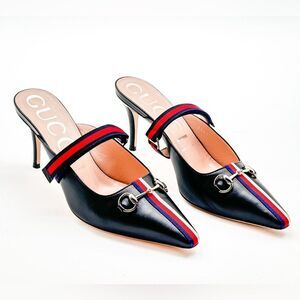 Gucci Sylvie Horsebit Slingback Pump Mule Black Web Stripe Mid Heel EU 39 US 9